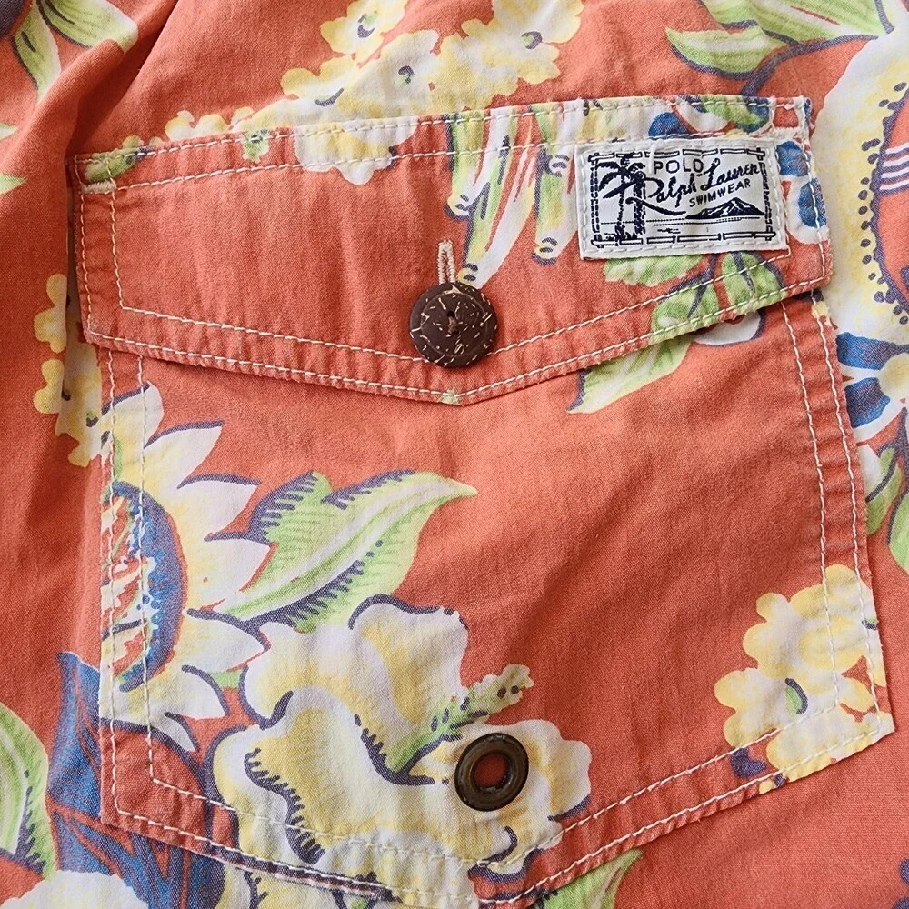 Polo Ralph Lauren Shorts Mens Large Orange Hawaiian Swim Trunks Lined Drawstring